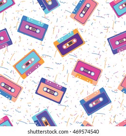 Retro cassette in flat style. Seamless pattern. Vector illustration.