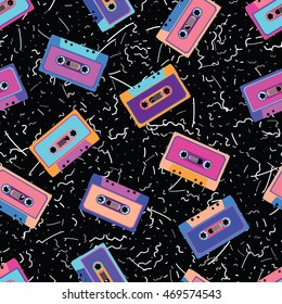 Retro cassette in flat style. Seamless pattern. Vector illustration.