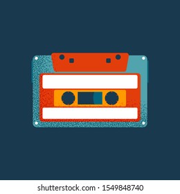 Retro cassette icon. Tape cassette vector illustration on blue background. Hipster device in vintage style. Geek shop or music radio station logo. Grainy textured pictogram of electronic device