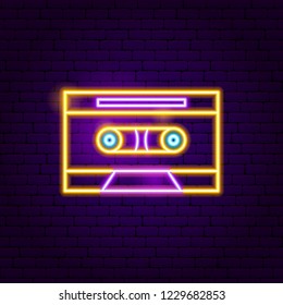 Retro Cassette Neon Sign. Vector Illustration of Music Promotion.
