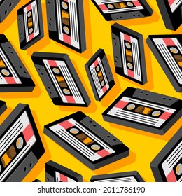 Retro cassette pattern seamless. Boombox cassette for tape recorder background. 