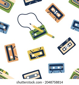 Retro cassette pattern. Seamless music background with 90s casette tapes and pencils. 80s endless repeating texture for printing. Repeatable backdrop. Printable flat vector illustration for decoration