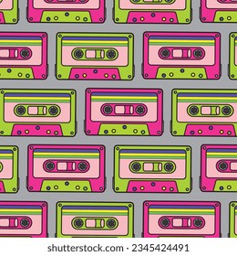 Retro cassette pattern. Seamless vintage memphis 90s party pattern, music audio cassette, analogue 80s stereo audio cassette background. Cassette seamless melody analogue casette illustration.