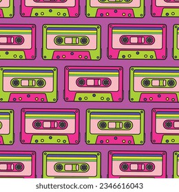Retro cassette pattern. Seamless vintage memphis 90s party pattern, music audio cassette, analogue 80s stereo audio cassette background. Cassette seamless melody analogue casette illustration.