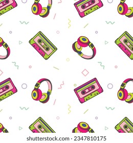 Retro cassette pattern. Seamless vintage memphis 90s party pattern, music audio cassette, analogue 80s stereo audio cassette background. Cassette seamless melody analogue casette illustration.