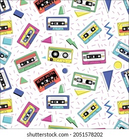 Retro cassette pattern. Vintage funky seamless texture with audio tape. Compact stereo player mixtapes and geometric shapes. Old-fashioned musical recorders. Vector disco style print