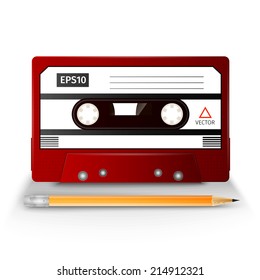 Retro Cassette And A Pencil To Rewind Over A White Background