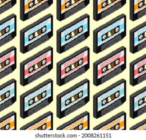 Retro cassette pixel art pattern. Boombox cassette 8 bit background