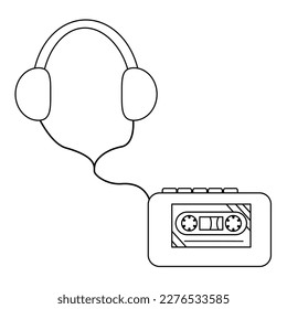 Retro cassette player with headphone, doodle style flat vector outline for coloring book