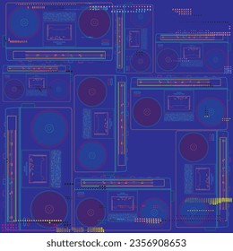 Retro cassette players flat design vivid colors outline vector illustration on blue background with risograph printing effect.