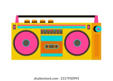 Retro cassette recorder. Music player. boombox 90s style. Back to 90s. Old fashioned vintage boombox. Nostalgia for 1990s, 2000s. Neon colors. Colorful vector illustration 