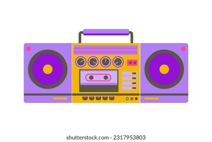 Retro cassette recorder. Music player. boombox 90s style. Back to 90s. Old fashioned vintage tape recorder. Portable music speakers. Nostalgia for 1990s, 2000s. Neon colors. Vector illustration 