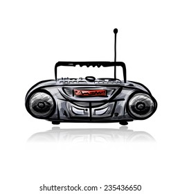 Retro cassette recorder, sketch for your design. Vector illustration