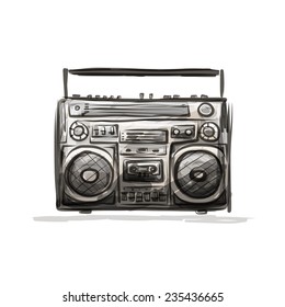Retro cassette recorder, sketch for your design. Vector illustration