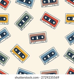 Cassette retro sin patrón en estilo vintage dibujado a mano. Fondo de música