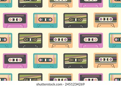 Retro cassette seamless pattern. Vintage audio cassettes in 90s, 80s, 70s style. Various colorful old cassettes to tape recorder. Old school concept. Music background.  Vector illustration