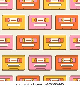 Retro cassette seamless pattern. Vintage audio cassettes in 90s, 80s, 70s style. Various colorful old cassettes to tape recorder. Old school concept. Music background. Vector illustration