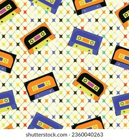 Retro Cassette Seamless Repeat Pattern. 90s Audio tape Black yellow blue nostalgic fashion print. Trends of 2023. SHOTLIST1990