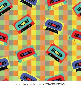 Retro Cassette Seamless Repeat Pattern. 90s Audio tape red black yellow blue vintage checkered fashion print. Trends of 2023. SHOTLIST1990