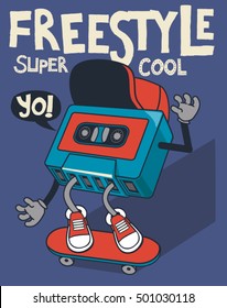 retro cassette, skater character design for tee 