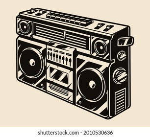 Retro cassette stereo recorder concept in vintage monochrome style isolated vector illustration