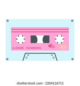 Retro cassette sticker in pink and blue colors. Vector illustration of audio mixtape with love songs in 1990s style. Nostalgia 1990.