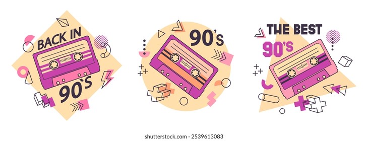 Pegatinas de casete retro. Insignias de cinta de audio de música de dibujos animados de los años 90, conjunto de Ilustración vectorial plana de diseño de cinta de canción de cultura pop. Etiquetas de casetes de audio de música de la vieja escuela