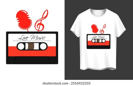 Retro cassette tape design with a red microphone, music note, and 'Love Music' text. Perfect for T-shirt designs and music lovers.