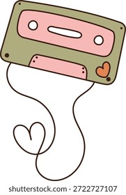 Cinta de casete retro con carcasa de garabato y cinta desenrollada en un bucle de corazón, detalle de etiqueta de corazón Pequeño. Símbolo de amor, nostalgia, mixtape, romance, memoria y pasión musical. Ilustración vectorial de dibujos animados.
