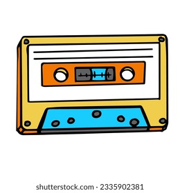 Retro cassette tape isolated on white background, vector doodle 90s styled illustration. Old fashioned  item for party flyer, poster, cover design.