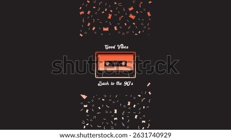 Retro Cassette Tape with Music Notes and Good Vibes Typography on Black Background for 90s Theme