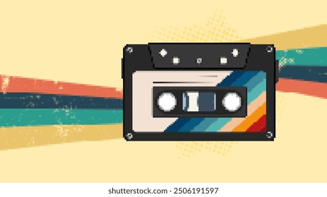 Ilustración retro del arte del pixel de la cinta del casete. Música de 8 bits. Cinta de casete de audio Antiguas con fondo retro.