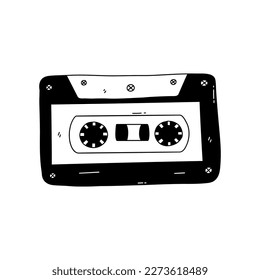 Retro cassette tape for tape recorder or audio player. Thing from 90s, nostalgia. Black and white vector isolated illustration hand drawn with outline. Vintage element, icon or sticker, doodle