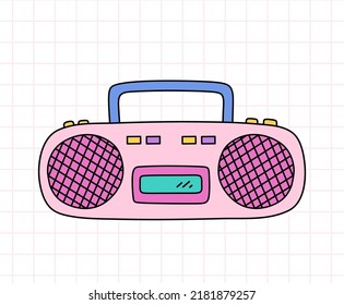 Retro cassette tape recorder in bright colors. Music boombox. Vector hand-drawn doodle illustration isolated on white background. Perfect for cards, decorations, logo, various designs. 90s style