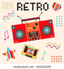 Retro cassette tape recorder. Music icons set. Classic 80s-90s elements in modern style flat, line style. 