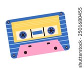 Retro cassette. Tape records of 80s and 90s. Old audio music casette of eighties and nineties. Compact audiocassettes in doodle style. Flat vector illustration isolated on white background