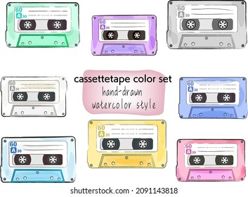 Retro cassette tape, variation hand-painted watercolor style pastel color set