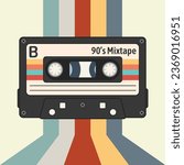 Retro cassette tape vector illustration. Vintage audio cassette tape with retro background for t shirt print, poster, emblem, patch, sticker. World music day celebration.
