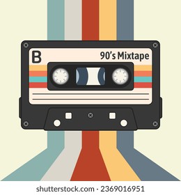 Retro cassette tape vector illustration. Vintage audio cassette tape with retro background for t shirt print, poster, emblem, patch, sticker. World music day celebration.