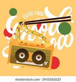 Retro cassette tapes with noodles yellow pop spice vector