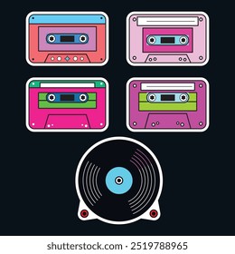 Retro Cassette Tapes and Vinyl Records Sticker Set. Vintage Music Stickers