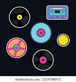 Retro Cassette Tapes and Vinyl Records Sticker Set. Vintage Music Stickers