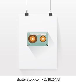 Retro Cassette Vector Composition on A 3D A4 Paper Sheet Mock Up Page