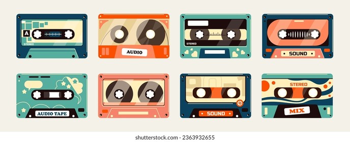 Retro-Kassette. Vintage 80er-Band mit Stereo-Musik, kompaktes Stereo-Audio-Band mit DJ-Musik, Retro-Disco-Soundquelle. Vektorgrafik von vintage Stereo-Musikband