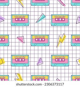 Retro cassette vintage seamless pattern 80s 90s geometric shapes in Memphis style on checkered background