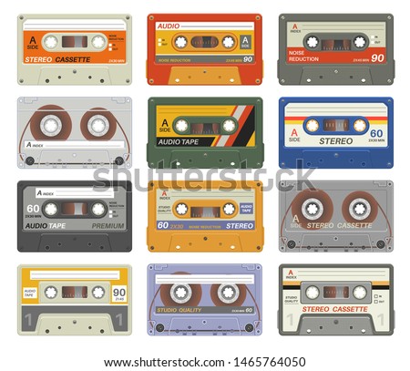 Retro cassettes. Colorful plastic audio cassette vintage media device music technology tapes stereo record images eighties. Vector sticker casettes for dj equipment isolated play radio tecnology set