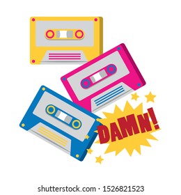 retro cassettes and pop art damn word exclamation over white background, vector illustration