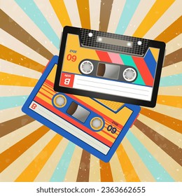 Retro cassettes in risograph aesthetic vector illustration. Vintage or old-school electronics and devices for playing music or videos with player. Nostalgia, technology concept