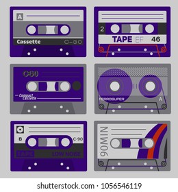 Retro cassettes set. Old technology records, plastic cassettes