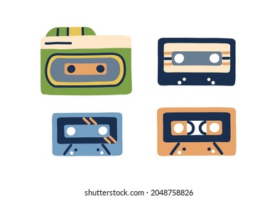 Retro cassettes set. Tape records of 80s and 90s. Old audio music casettes of eighties and nineties. Compact audiocassettes in doodle style. Flat vector illustration isolated on white background